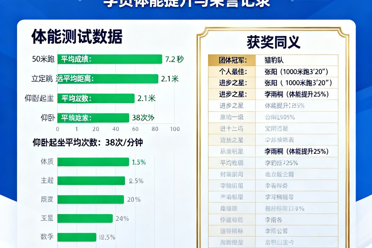 太阳集团2024年秋季学期训练成果报告封面，展示学员体能测试数据和获奖情况。